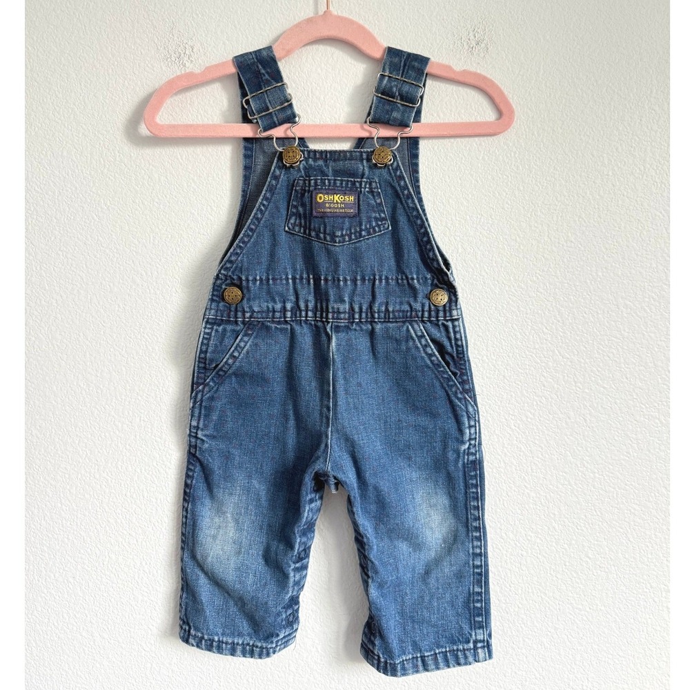 OshKosh B'gosh Denim Overalls 12M Blue Cherry Print Vestbak Vintage‎ Style Bibs